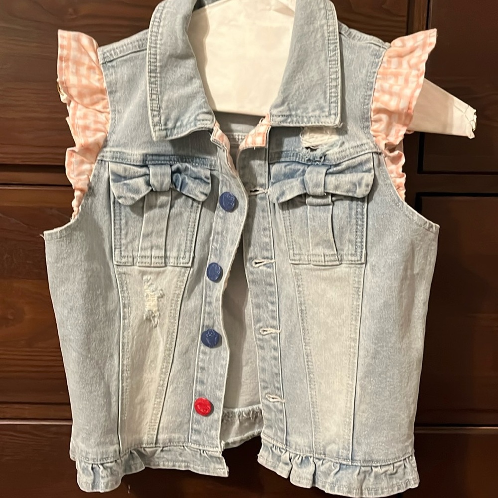 Matilda Jane Light Blue Denim Vest with Pink Gingham Ruffle Sleeves